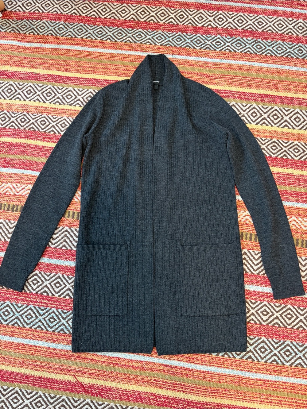 Theory Women's Long Gray Wool Open Front Cardigan petite P